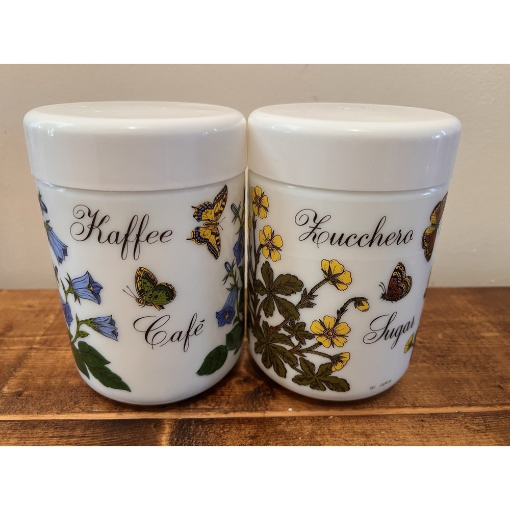 Vintage Cerve Coffee Sugar Canister White Glass Set Butterfly  Flower 70s Italy